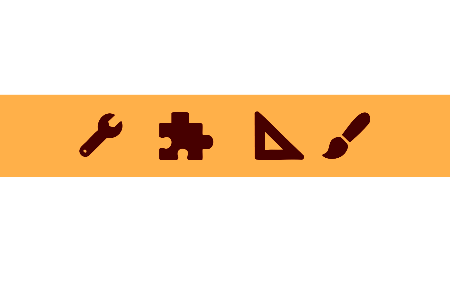 Orange box with the icons of a brown hammer, a brown puzzle piece, a brown measuring tool, and a brown paint brush.