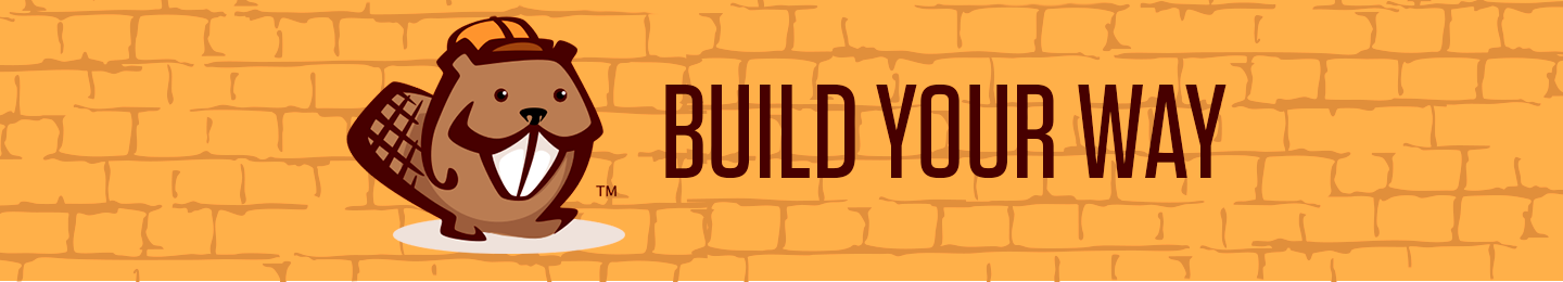 Orange brick with the Beaver Builder logo in front next to the words "Build your way".