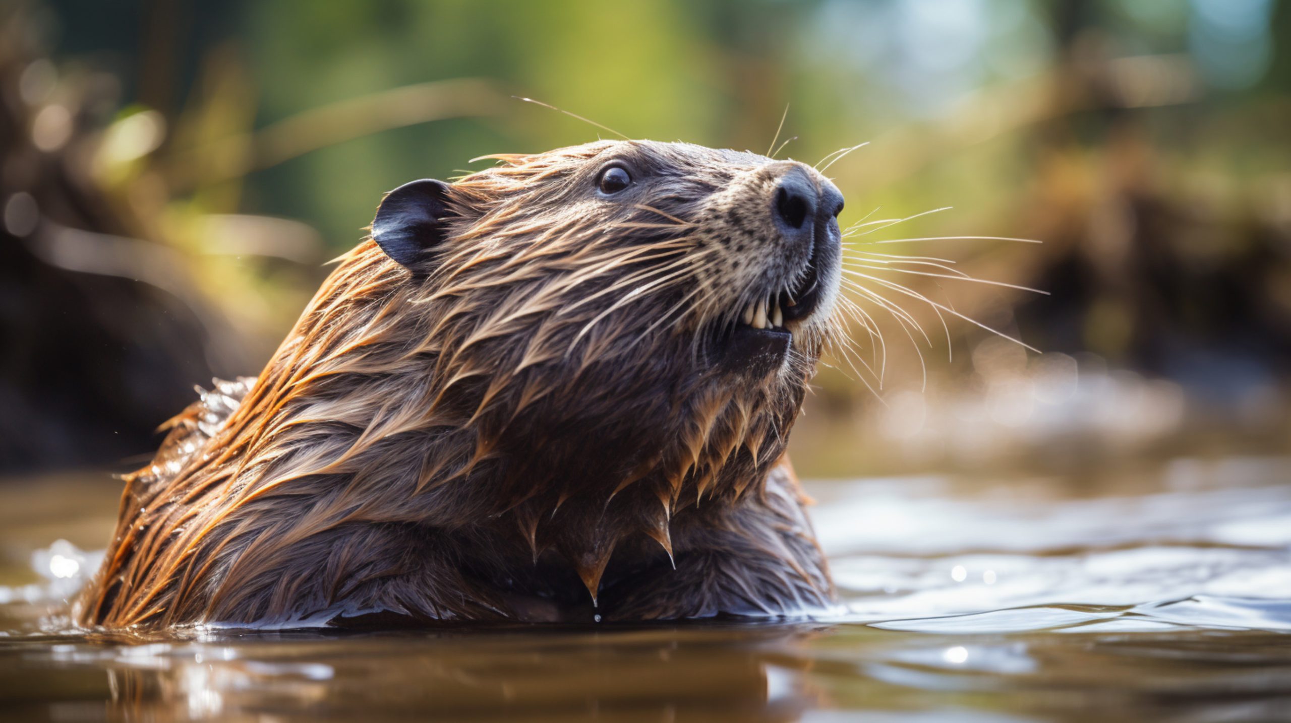 Realistic photo of a beaver peaking out of water.